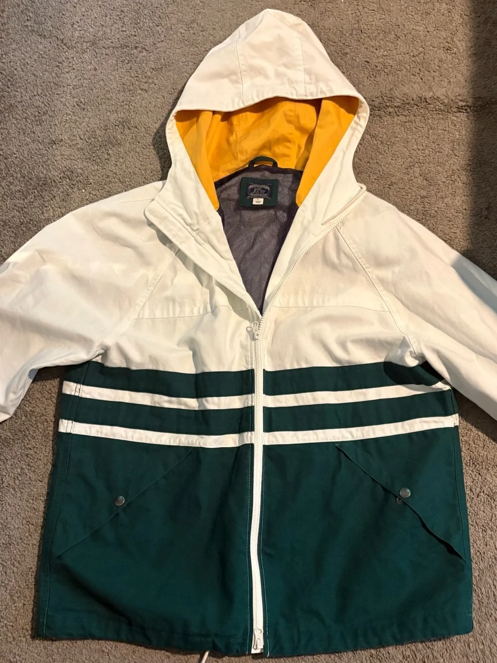 J. Crew Topsail White and Forest Green Hooded Jacket with Yellow Hood Lining